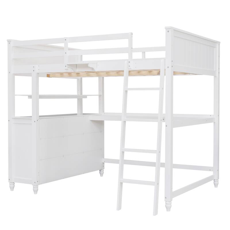 Loft Bed with Drawers and Desk, Wooden Loft Bed with Shelves
