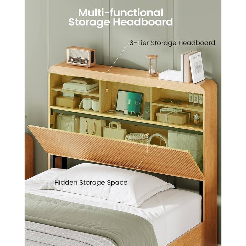 Bed Frame with 4 Storage Drawers and Hidden Storage Headboard Charging Station