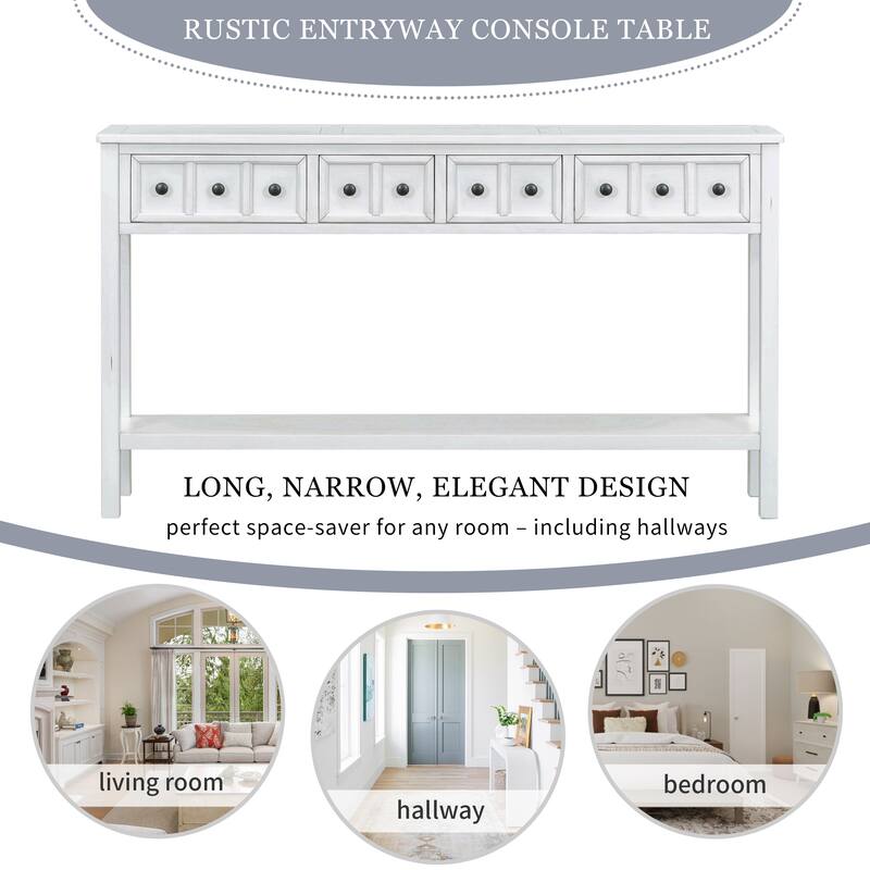Antique White Entryway Console Table 60" Long Sofa Table with 4 Drawers & Storage Shelf for Living Room Hallway Side Table