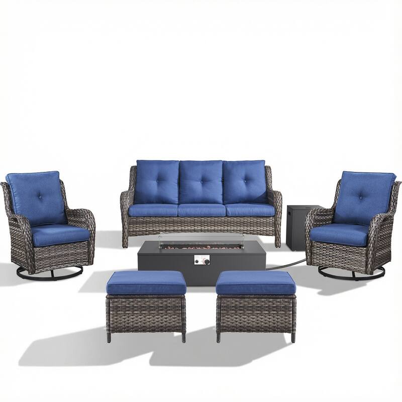 Pocassy Patio 5/7 Piece Sofa Swivel Chair Ottoman with Fire Pit Table