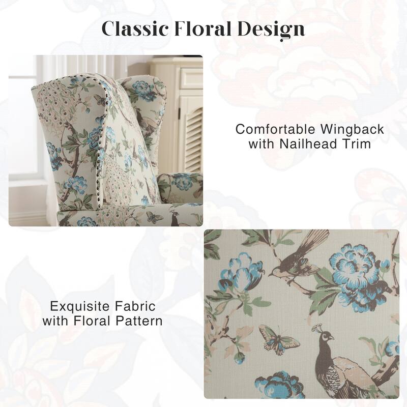 HOMYKA 29'' Wide Floral Pattern Wingback Accent Armchair with Nailhead Trim