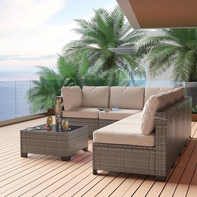 7-Piece Patio Conversation Sofa Set with Cushions and Glass Top Coffee Table
