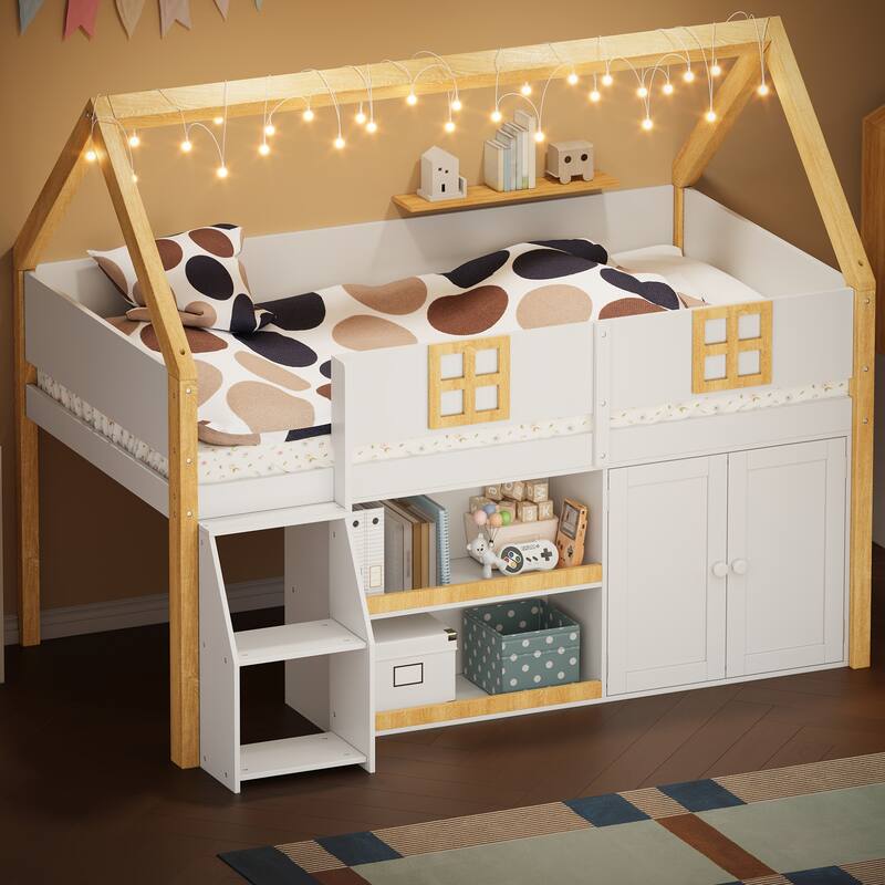 Fairytale House-shaped Low Loft Bed with Step Staircase, Shelving, Cabinets and LED Lights for Children's Room, Kids House Bed - Natural White - Full