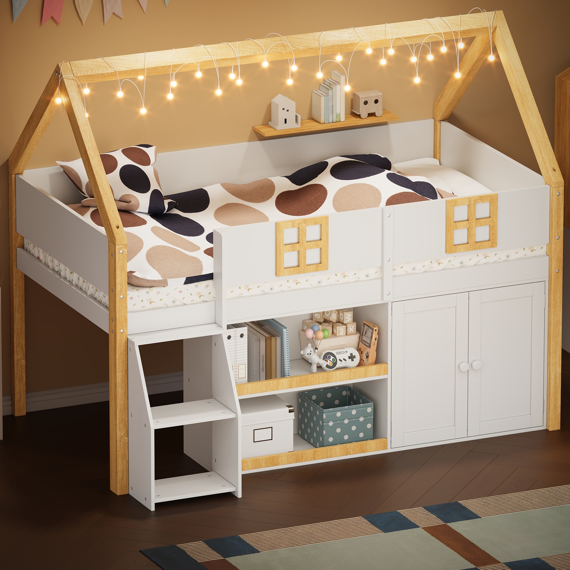 GDFStudio - GlowStep Wooden Low Loft Bed with Staircase, Storage and LED Lights