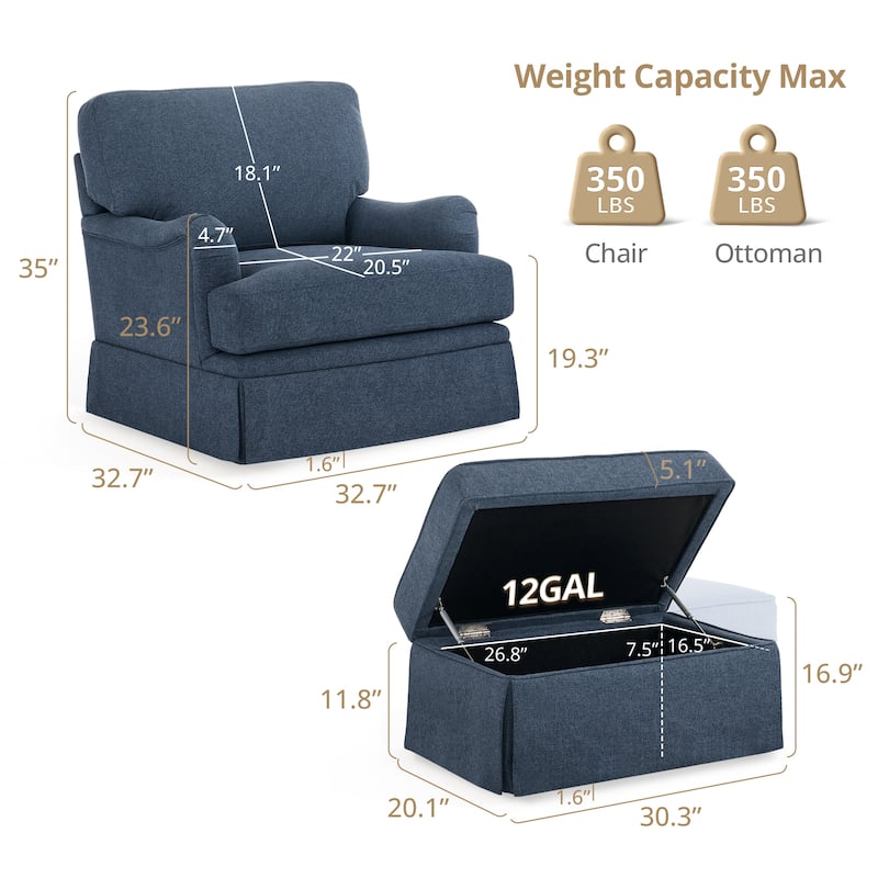 LUE BONA Swivel Fabric Single Sofa with a Removable Storage Ottoman, Living Room Accent Chair Set with Ottoman