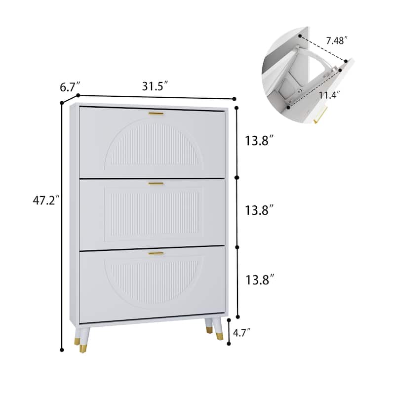 Slim Shoe Cabinet, Fluted Hidden Shoe Storage Cabinet with 3 Flip Drawers