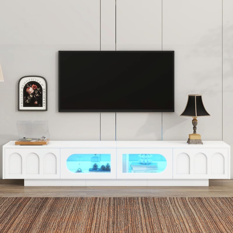 Functional TV Stand with Arched Cabinet Doors, Entertainment Center with APP-Controlled Smart LED Light