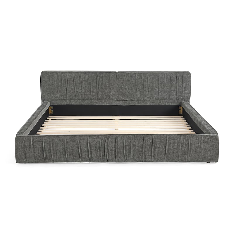 Queen Size Chenille Upholstered Platform Bed with Pleated Headboard