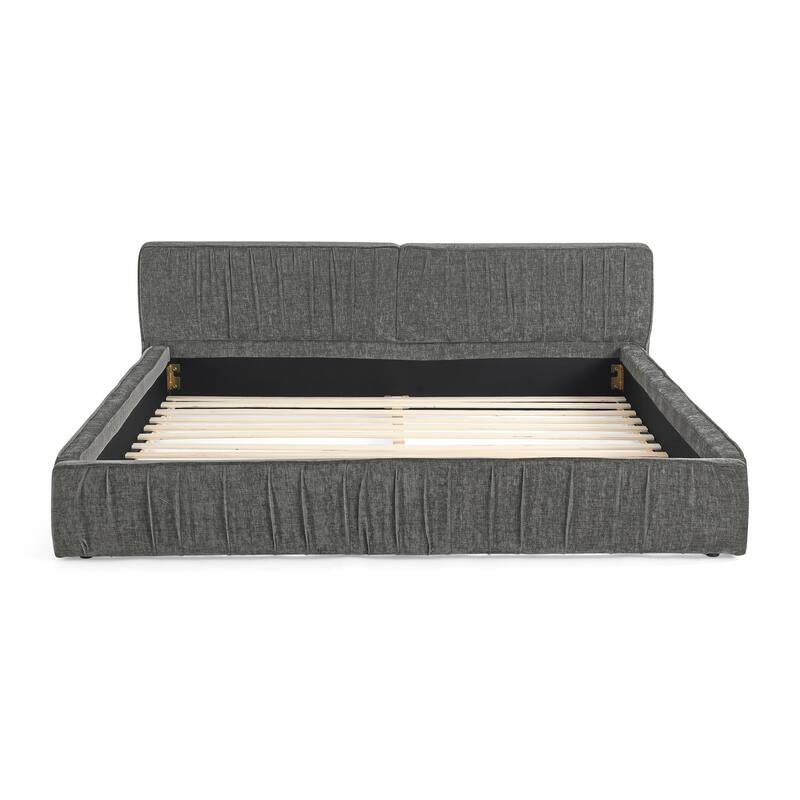 Queen Size Upholstered Bed Frame Chenille Pleated Design Grounded Platform Headboard Grey No Box Spring