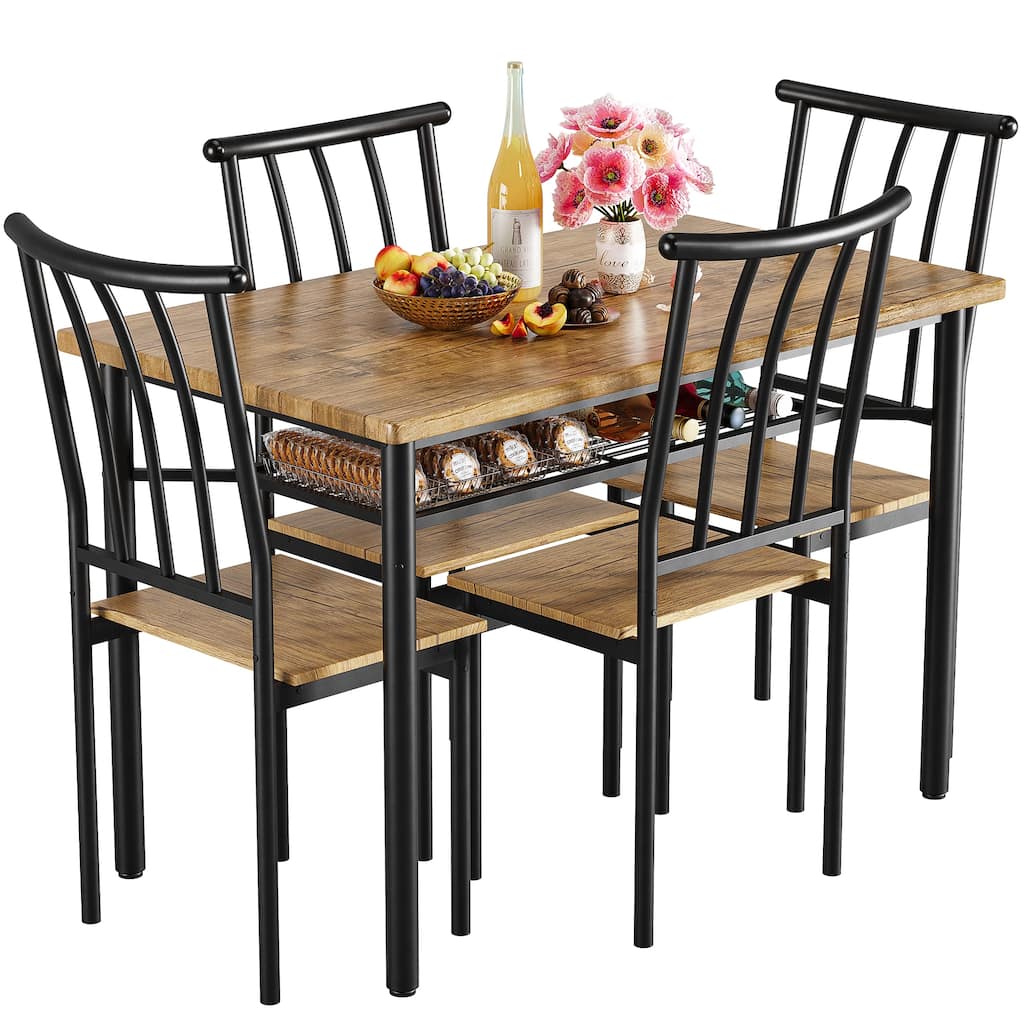 Dining Table Set for 4, Kitchen Table and Chairs with Wine Rack, 5 Piece Square Dining Room Table Set Brown - 46.85x27.6x31.5in