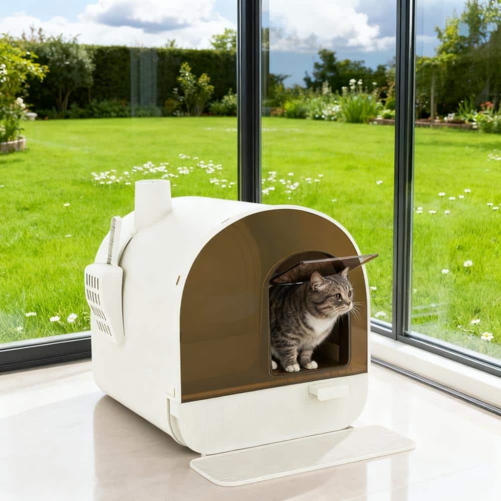white Cat Litter Box with Lid with Scoop and Filter