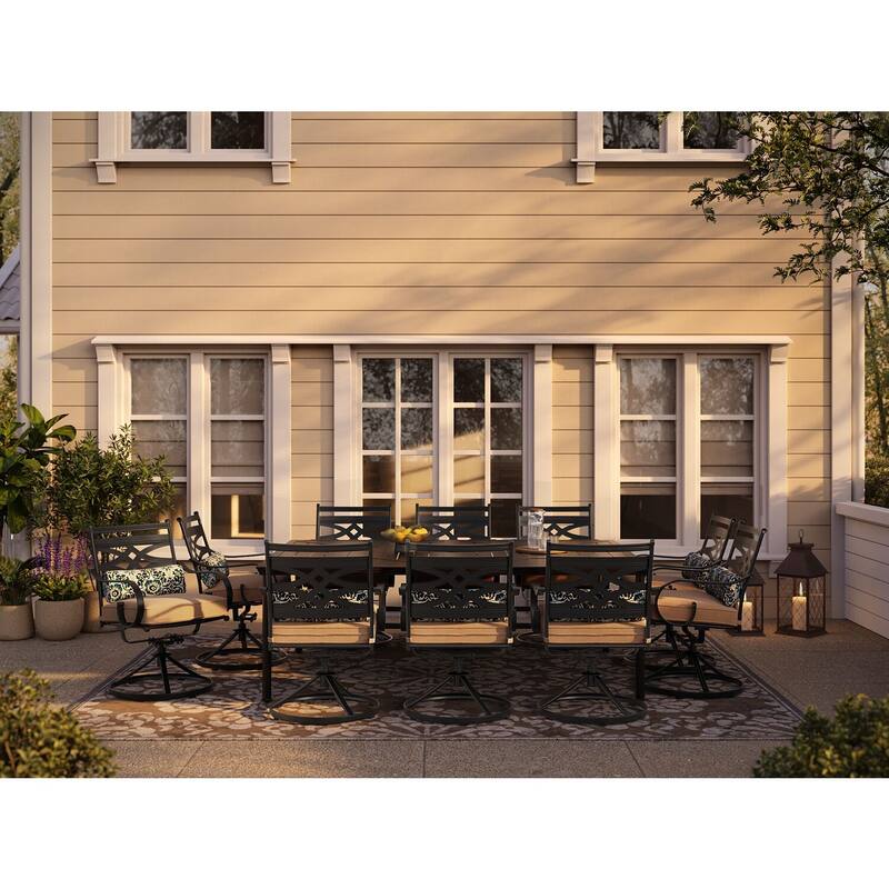 Hanover Montclair 11-Piece Dining Set in Tan with 10 Swivel Rockers and a 60-In. x 84-In. Table
