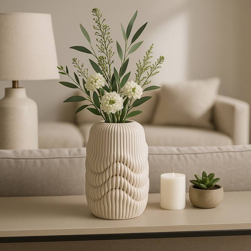 Porcelain 3D Printed Textured Vase - Ivory/Beige - 12.0"