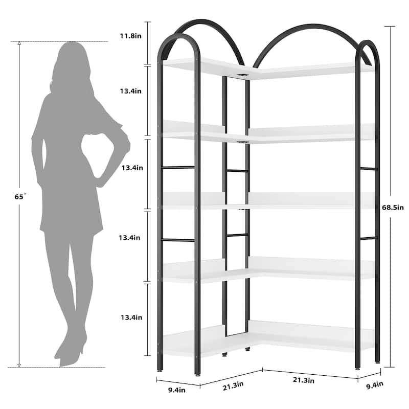 Corner Bookshelf, 5-Tier L-Shaped Modern Bookcase, Industrial Bookcase