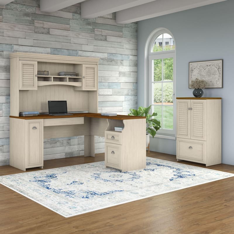 Fairview 60W Desk with Hutch and Storage Cabinet by Bush Furniture - Antique White/Tea Maple