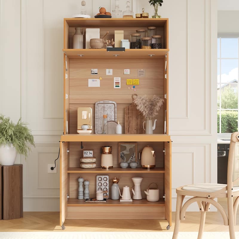 69" Kitchen Pantry Buffet with Hutch, Foldable Workstation & Power Outlet