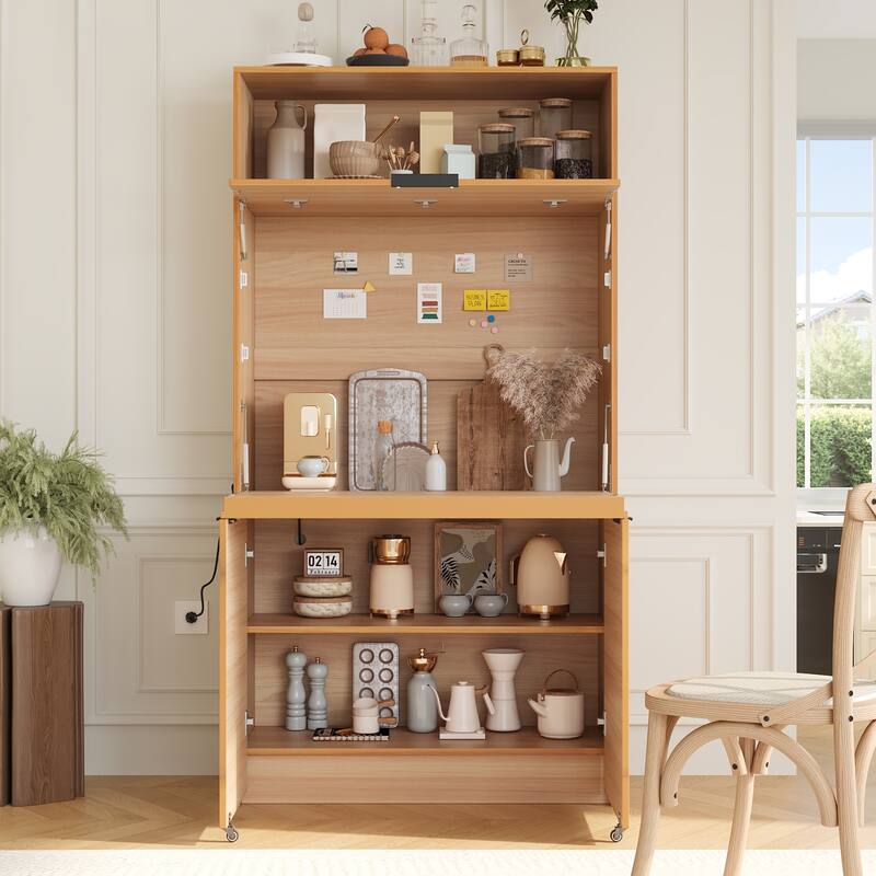Compact Kitchen Pantry Storage Cabinet, 69" H Buffet Sideboard Server Table with Drop-Down Workstation & Power Outlet