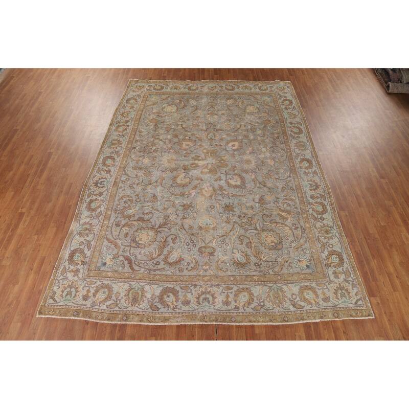 Distressed Tabriz Antique Persian Rug Hand-Knotted Wool Carpet - 9'6" x 13'2"