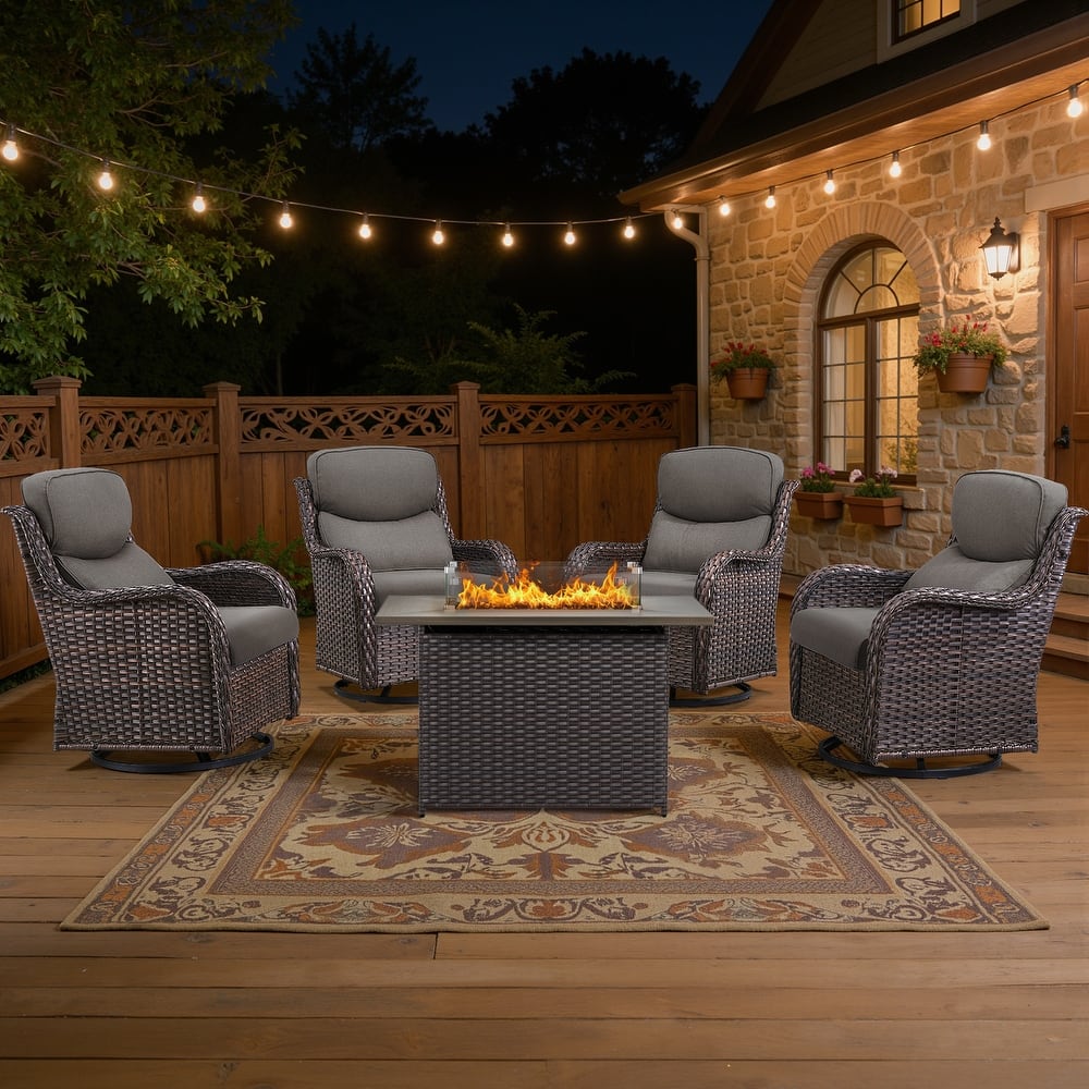 Meyreso 5-Piece Outdoor Patio Wicker Fire Pit 4 person Conversation Set with 5-Inch Thick Cushions