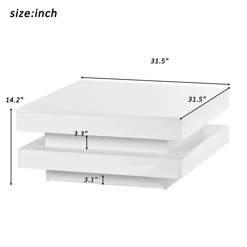 Modern LED Lighted Square Coffee Table, High Gloss Finish - 2-Tier Center Table for Living Room (31.5" x 31.5" x 14.2")