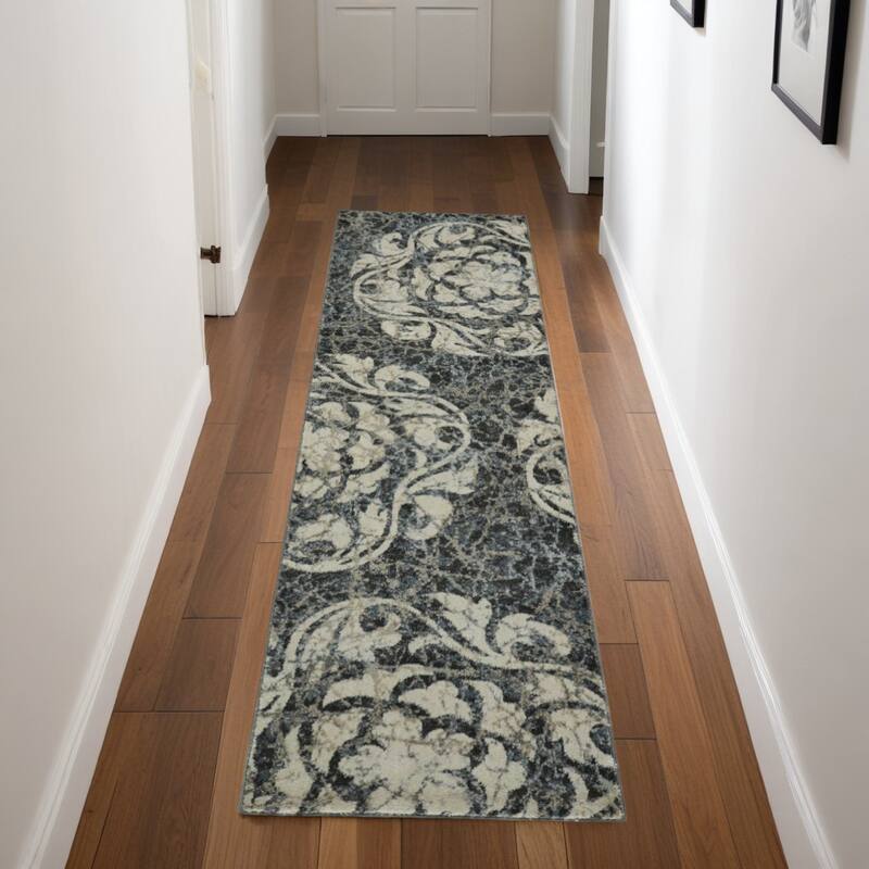 Power Loomed Distressed Abstract Floral Traditional Modern Non Skid Stain Resistant Area Rug - 90' X '26' X '0.5 - 90' X '26' X '0.5 - Charcoal - Runner