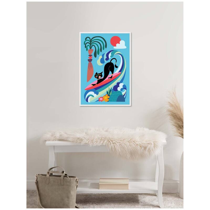Kate and Laurel Sylvie Vibrant Whimsical Ocean Surf Cat Framed Canvas by Rachel Lee