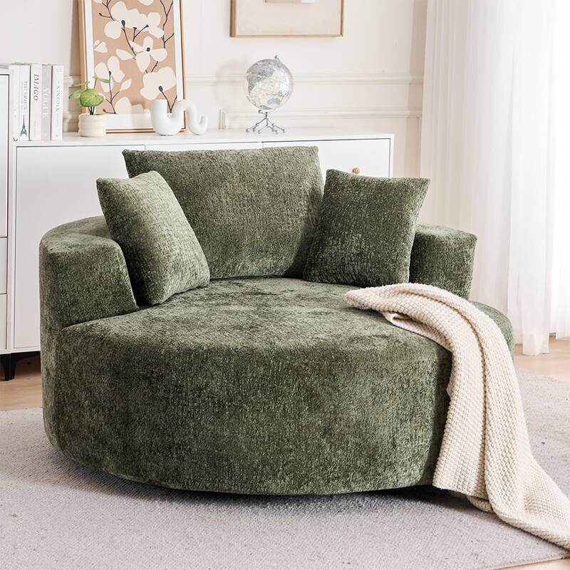 Round Accent Chair with High-Resilience Cushions, Swivel Chenille Barrel Chair, Fluffy Sleeper Lounge Chair