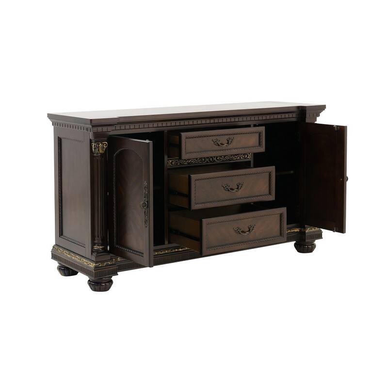 Hilton 66 Inch Buffet Console, 3 Drawers, 2 Cabinets, Cherry Brown and Gold