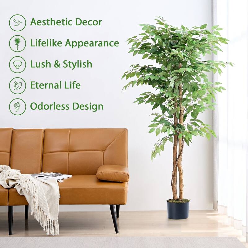 VECELO Artificial Ficus Tree with Natural Wood Trunk, Faux Plant for Office Home, Indoor Outdoor Decor, 1 Pack
