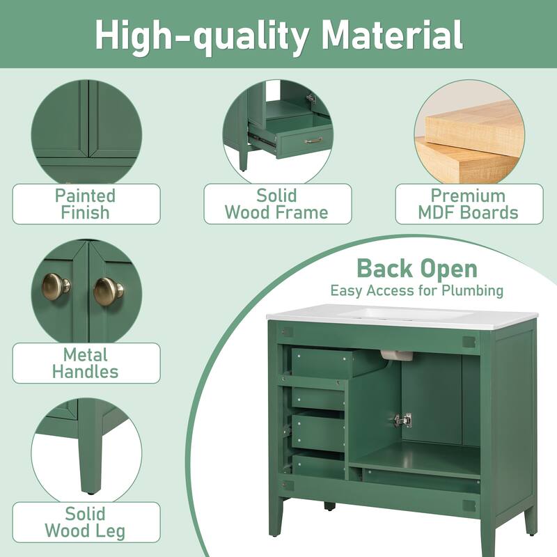 36" Bathroom Vanity with Sink, Bathroom Cabinet with Soft-Closing Door, 4 Drawers of Different Sizes, Solid Wood Frame and Leg