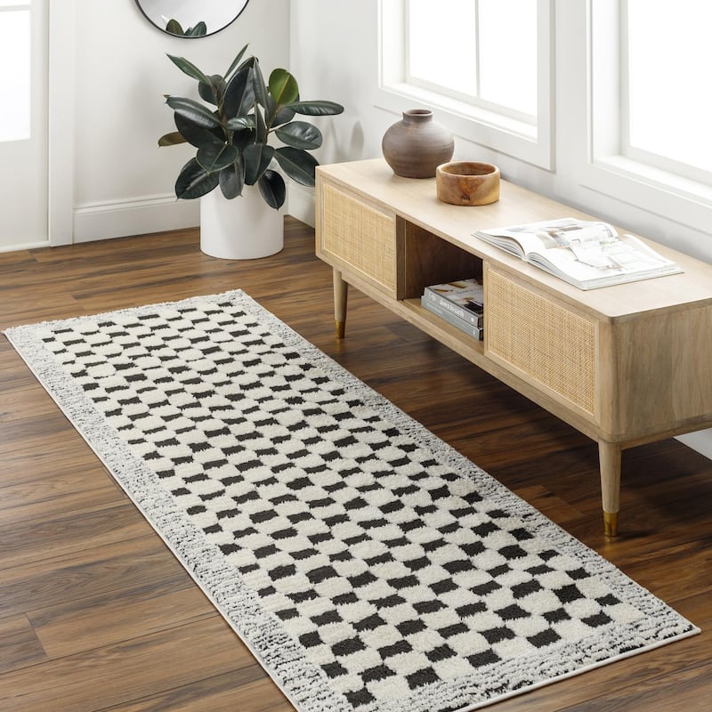Livabliss Freud Art Deco Checkered Area Rug - 2' 7" x 7' 3" - Cream/Black