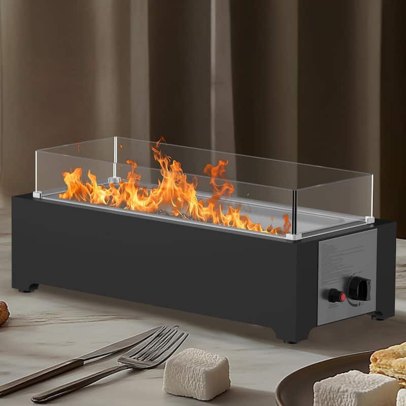 EROMMY 28" Propane Fire Pit Tabletop - 40,000 BTU Stainless Steel, Windshield & Crystal Stones, Indoor/Outdoor Use - Black