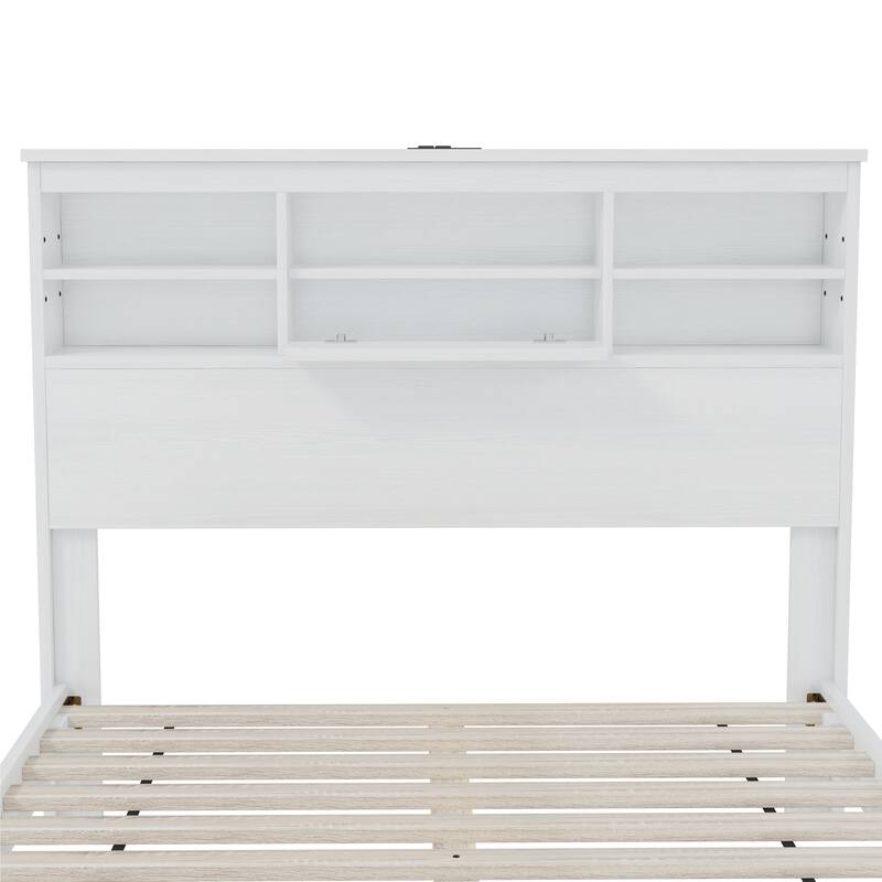 Queen Size MDF Platform Bed with USB Charging Stations And Compartment Headboard