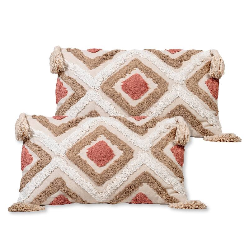 Sol Living Decorative Accent Pillows Throw Pillow for Couch Bedroom Soft Cushions - 20 x 12 in - 2 Piece - White/Tan with Tassels - Set of 2