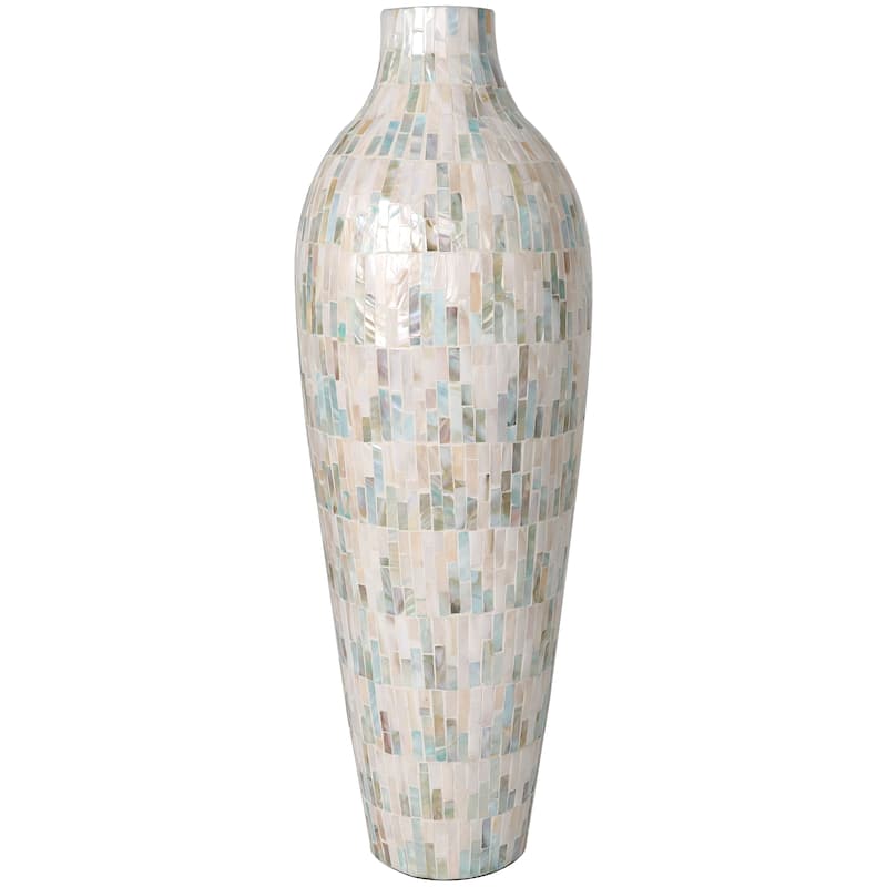 White Mother of Pearl Shell Handmade Mosaic Inspired Decorative Vase with Pastel Blue and Pink Accents