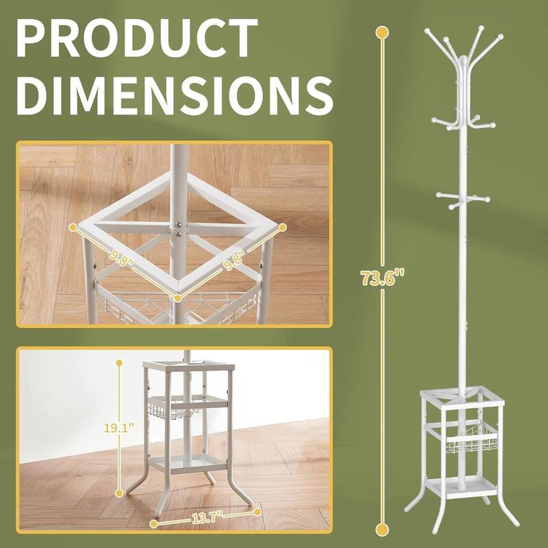 Metal 12-Hook Coat Rack Hall Tree with Umbrella Holder and Tray - 13.7" D × 13.7" W × 73.6" H