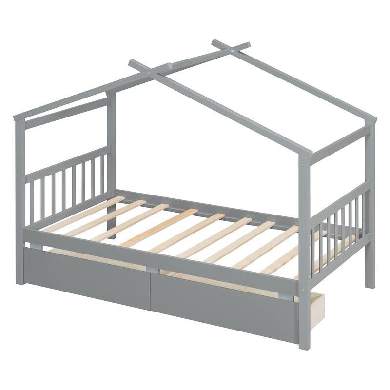 Twin Size House Bed with Storage Drawers and Solid Wood Frame
