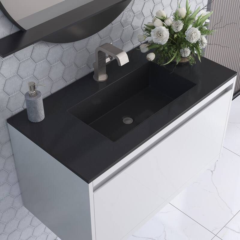 James Martin Vanities Mantova 35.4" Single Vanity Cabinet, Glossy White - No Base, Charcoal Black Top