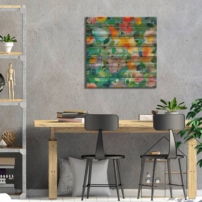 Turquoise Flowers Print On Wood by Kim Parker - Multi-Color