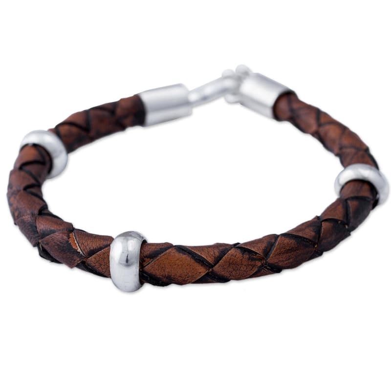 NOVICA Handmade Men's Chankas Warrior Leather Sterling Silver Bracelet (Peru) - 0.3" x 8.75"