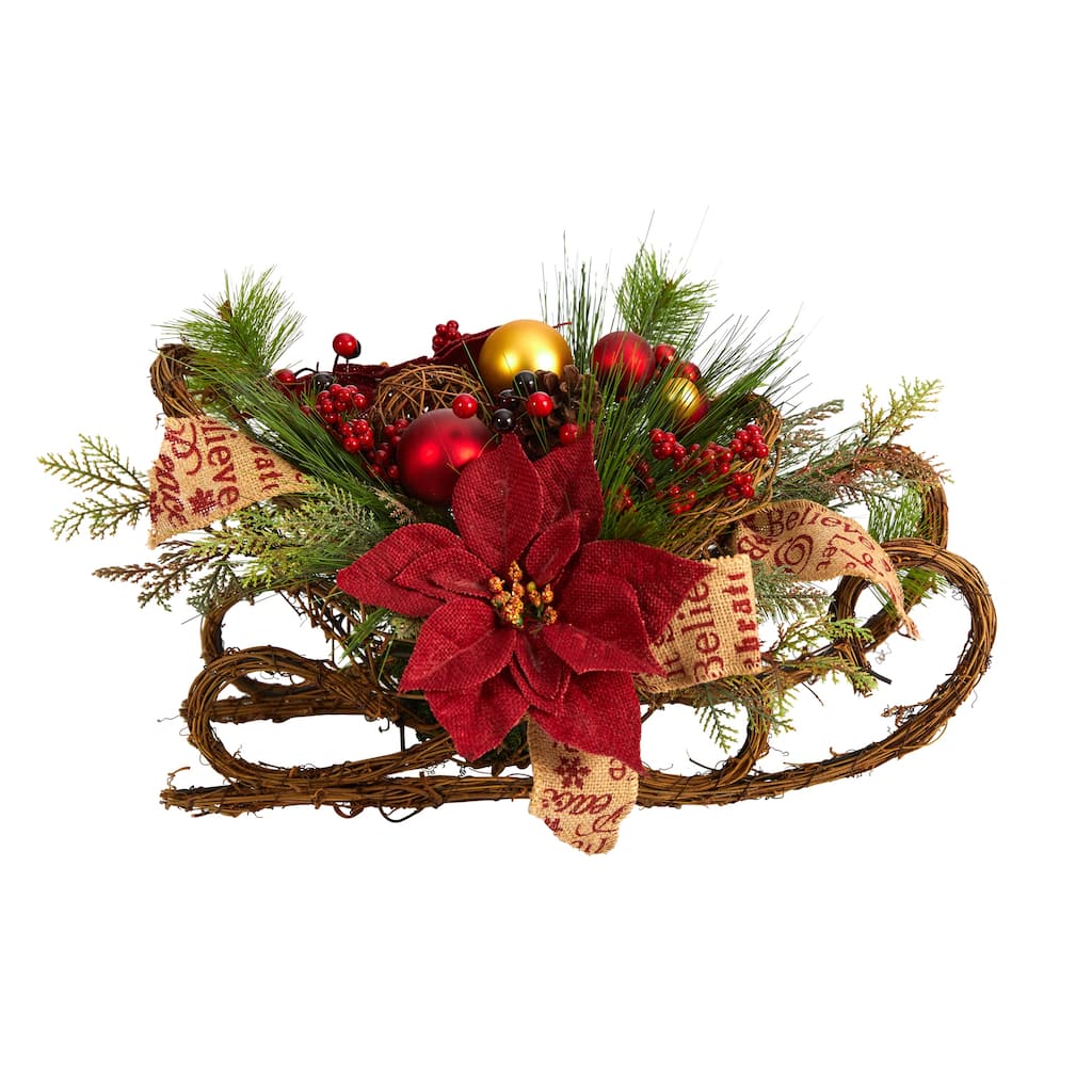 18” Sleigh with Poinsettia and Berries Christmas Artificial Floral Arrangement