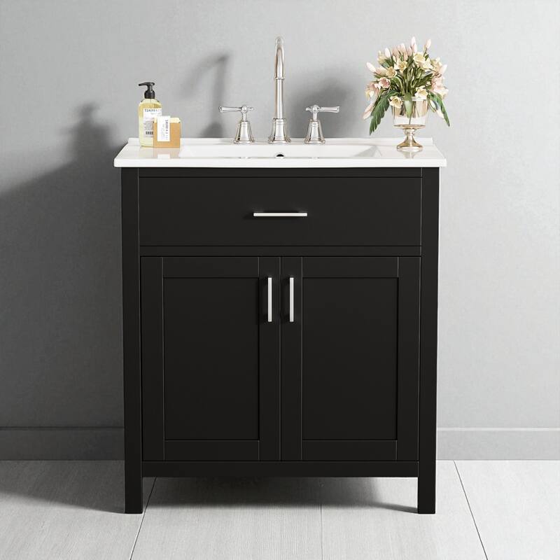 30-Inch Bathroom Vanity with Ceramic Sink, Soft-Close Doors & Ample Storage for Small Bathrooms - Black