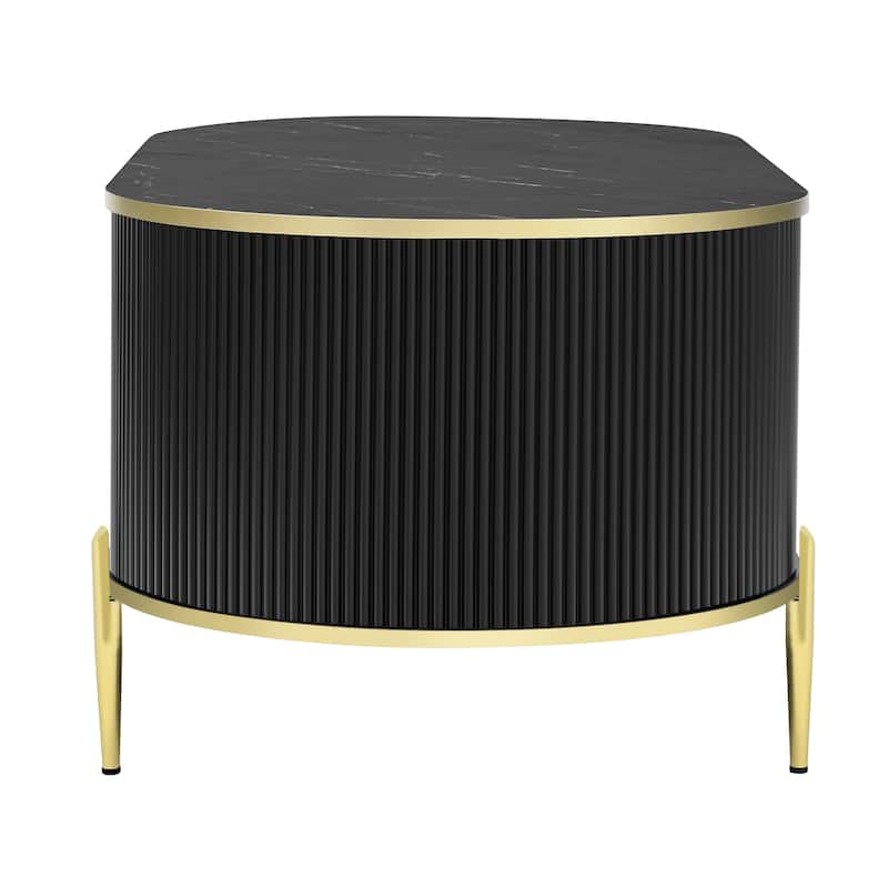 47.2" Modern Oval Coffee Table with Marble-patterned Top and 2 Cabinets