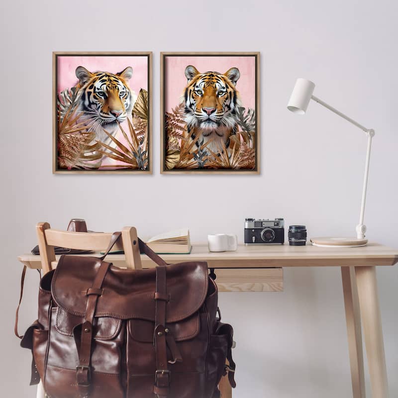 Stupell Fierce Tigers & Gold Leaves Framed Floater Canvas Wall Art Design By Kim Allen (Set of 2)