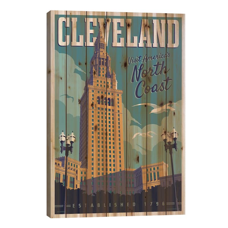 Cleveland Travel Poster Print On Wood by Jim Zahniser - Multi-Color - 26x18x1.5