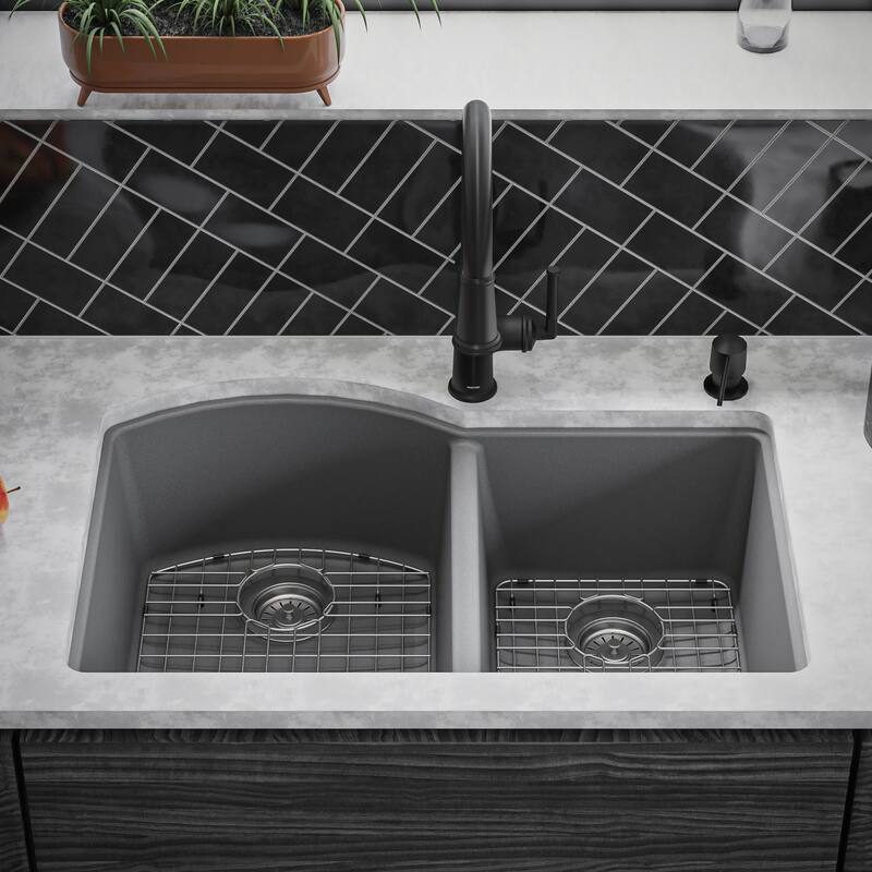 Karran Undermount Quartz 32 in. 60/40 Double Bowl Kitchen Sink Kit