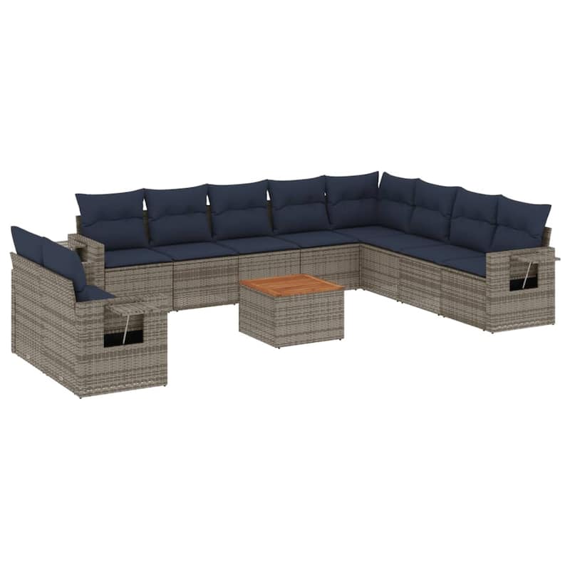 vidaXL 11 Piece Patio Sofa Set with Cushions Black Poly Rattan - 24.4" x 24.4" x 27.2"