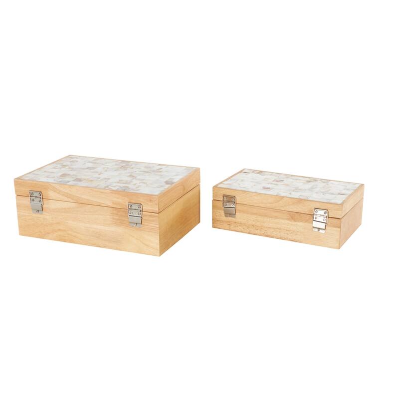 Light Brown Wood Handmade Storage Decorative Box with Seashell Tops (Set of 2) - 8"W x 12"L x 5"H