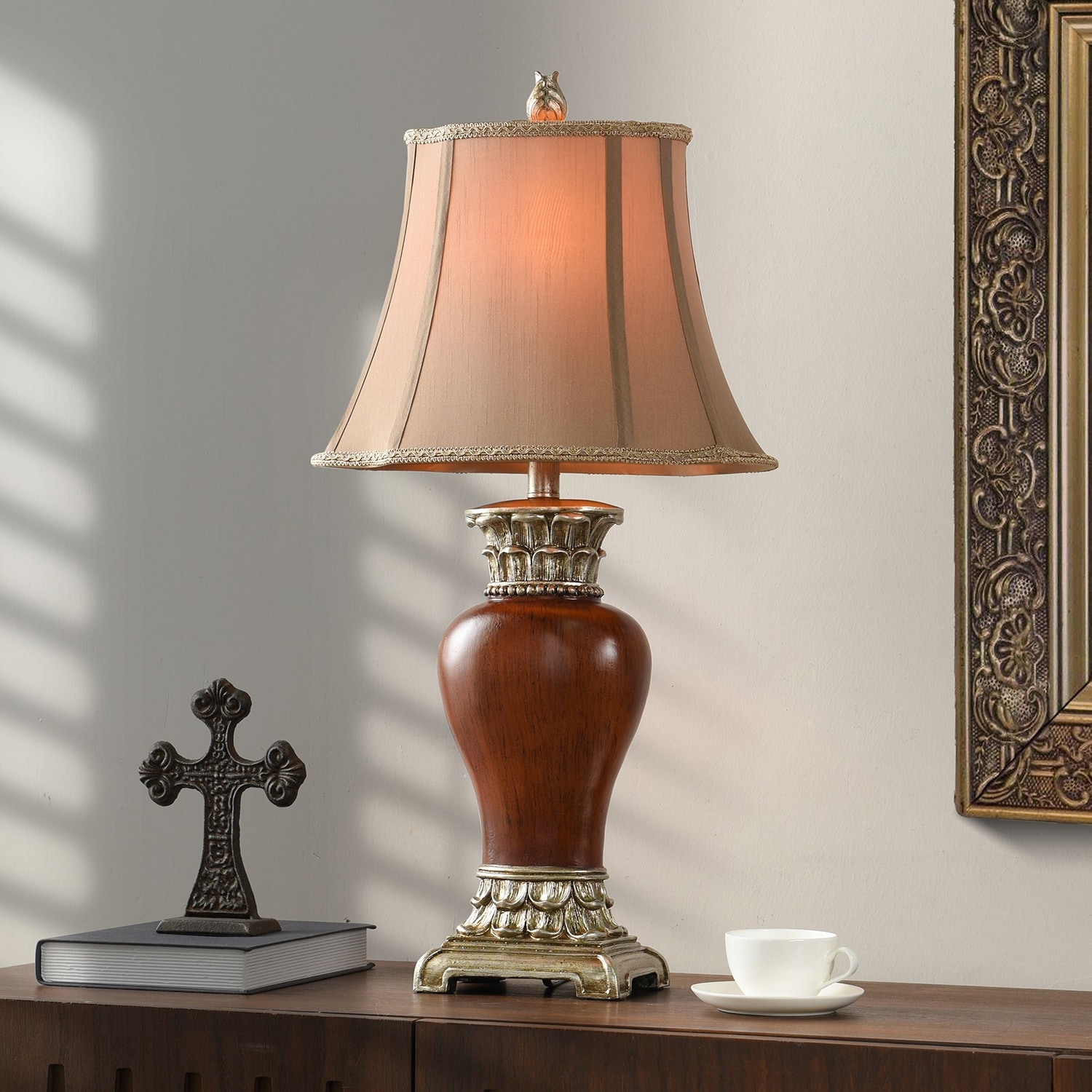 StyleCraft Table Lamp - Warm Cherry Coffee Finish - Taupe Shade