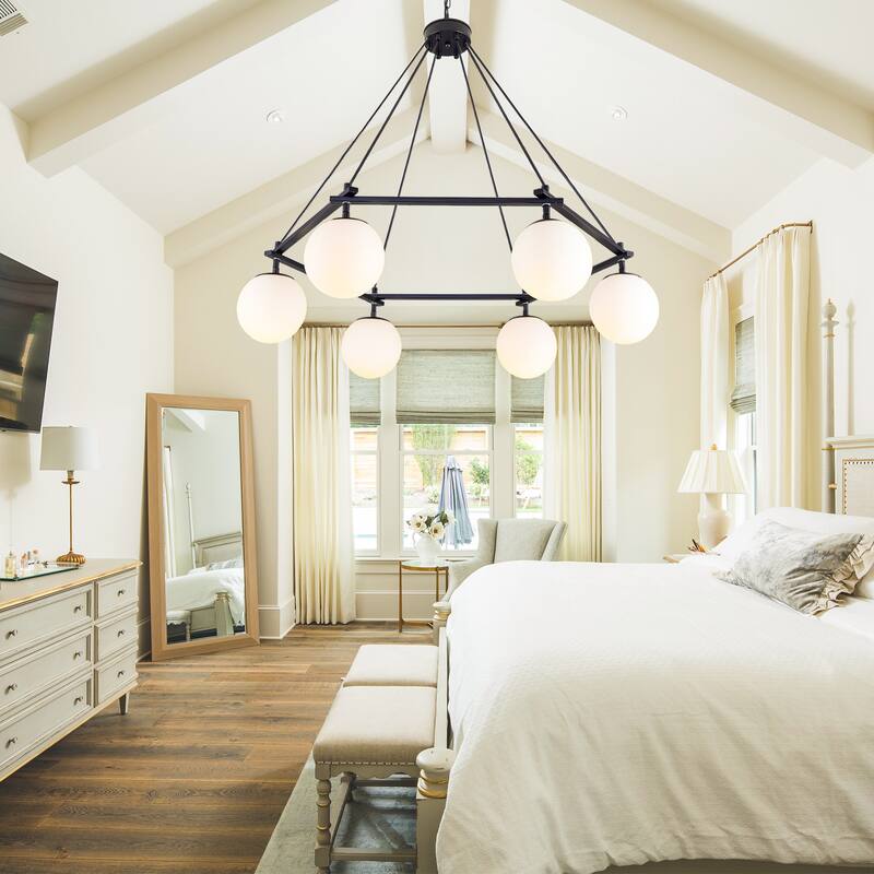 6-Light Black Wagon Wheel Chandelier, Hexagonal Dining Room Pendant Light with White Glass Shade